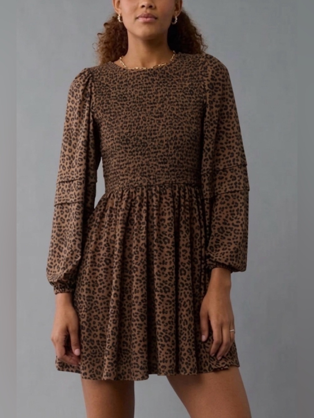 American Eagle Outfitters Brown and Black Leopard Print Smocked Dress